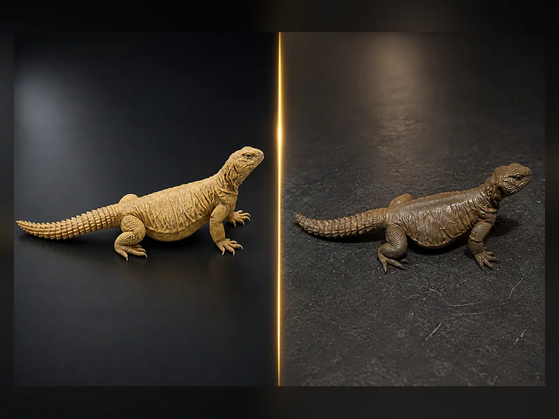 Two printed dhub lizard models with scale detail, hand-painted, on a dark surface