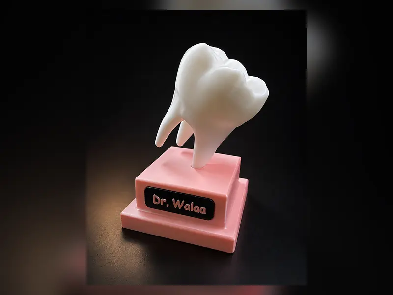 A white tooth-shaped award on a pink base carrying a name plate
