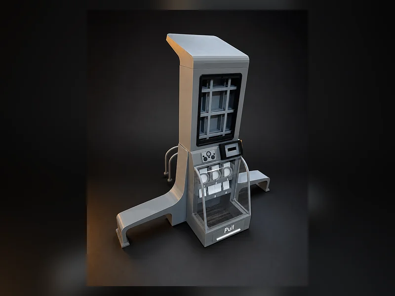 A printed model of a vending machine with a screen face and dispensing slots