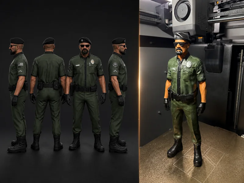 A four-view render of a uniformed character beside the printed and painted figure