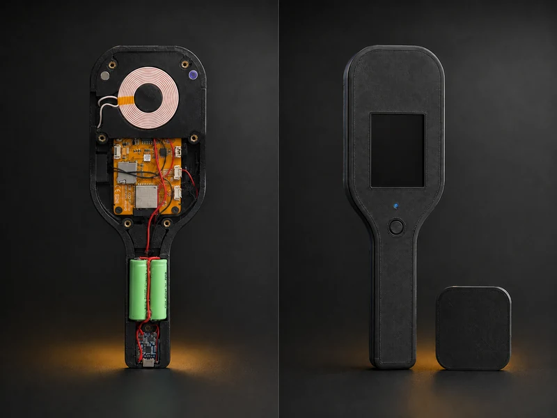 A handheld device opened to show its board, charging coil and batteries, beside the closed unit