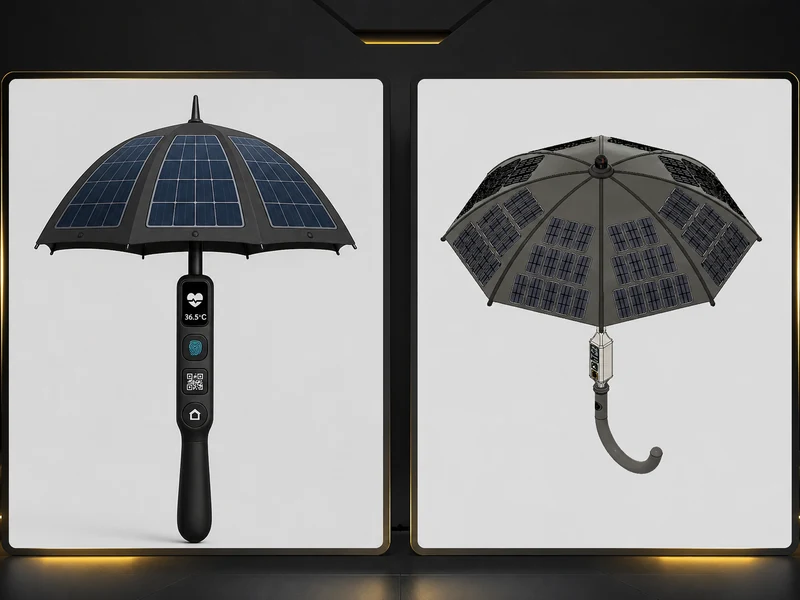 Two presentation boards showing an umbrella with solar panels and a small display in its handle