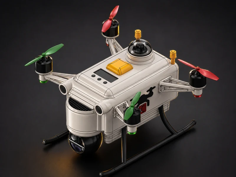 A drone prototype with a white airframe, coloured propellers and a camera mount