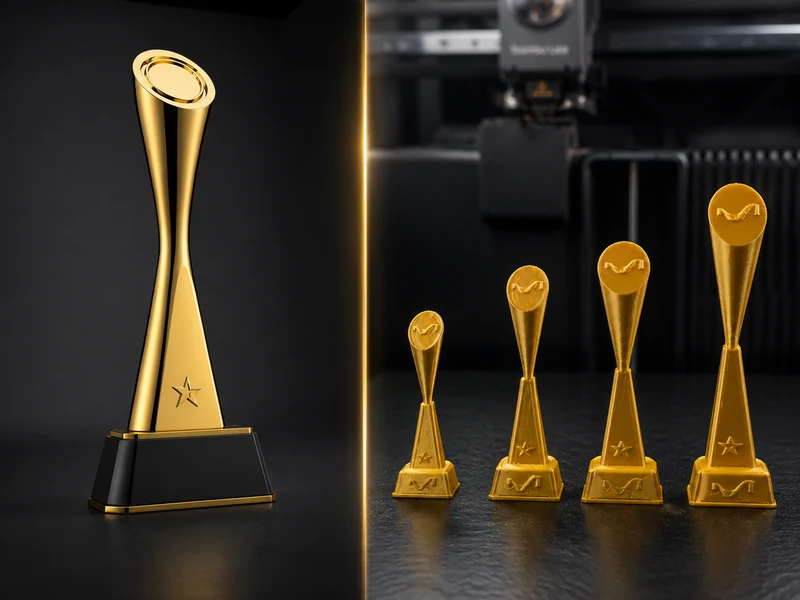 A large gold award and four smaller sizes of the same design in front of a printer