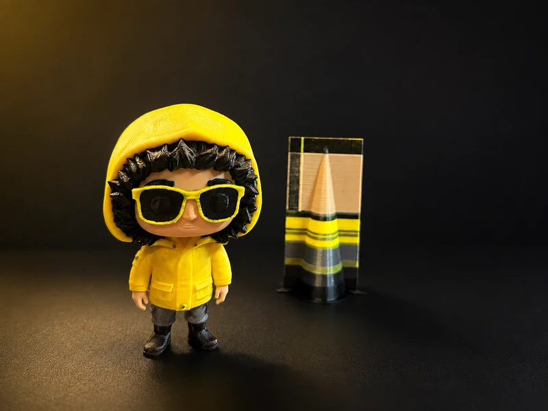 A small Funko-style figure in a yellow raincoat with yellow glasses