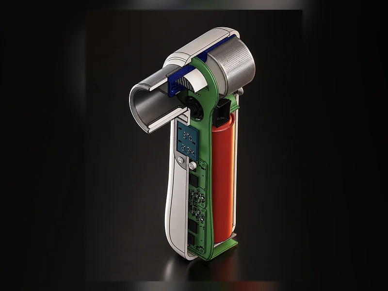 A cutaway of a handheld device showing its green board and battery inside the housing