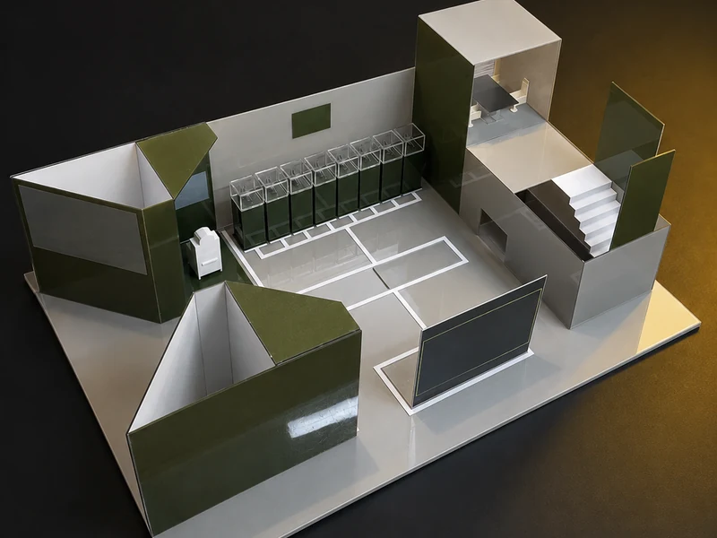 A printed floor plan model with standing walls, rooms and stairs