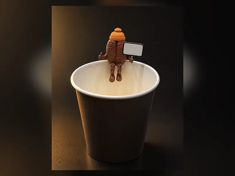 A small brown figure sitting on the rim of a white cup