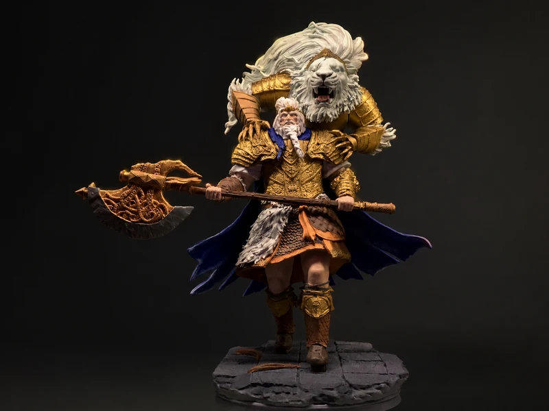 A character figure in gilded armour with a cloak, a long axe and a lion-form headdress
