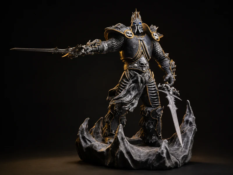 A character figure in full armour with an extended sword on a cracked ice base