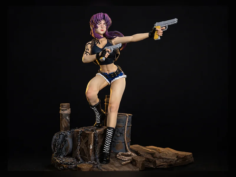 A purple-haired character figure aiming two pistols, on a diorama base of crates and barrels