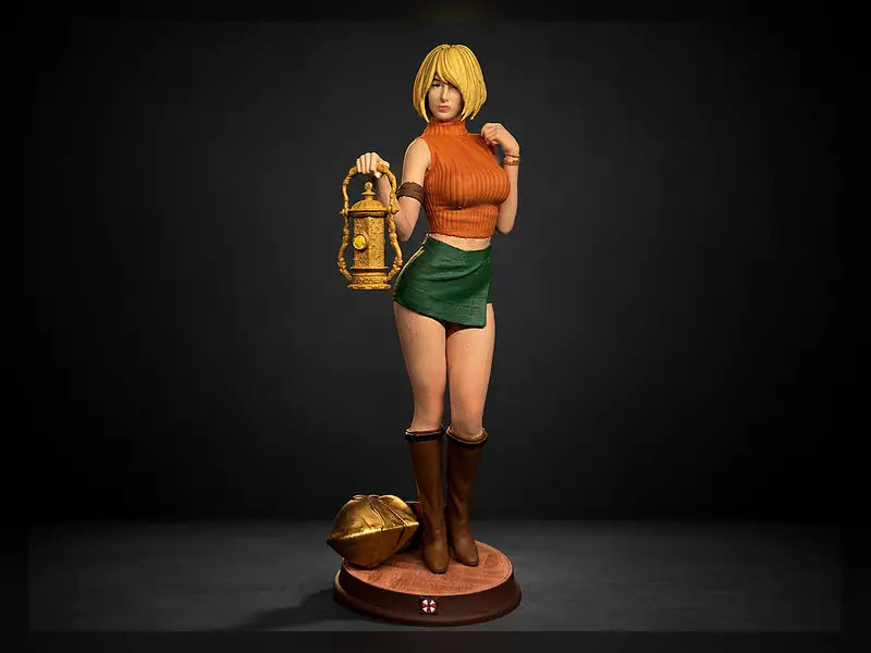 A blonde character figure holding a hanging lantern, on a round base