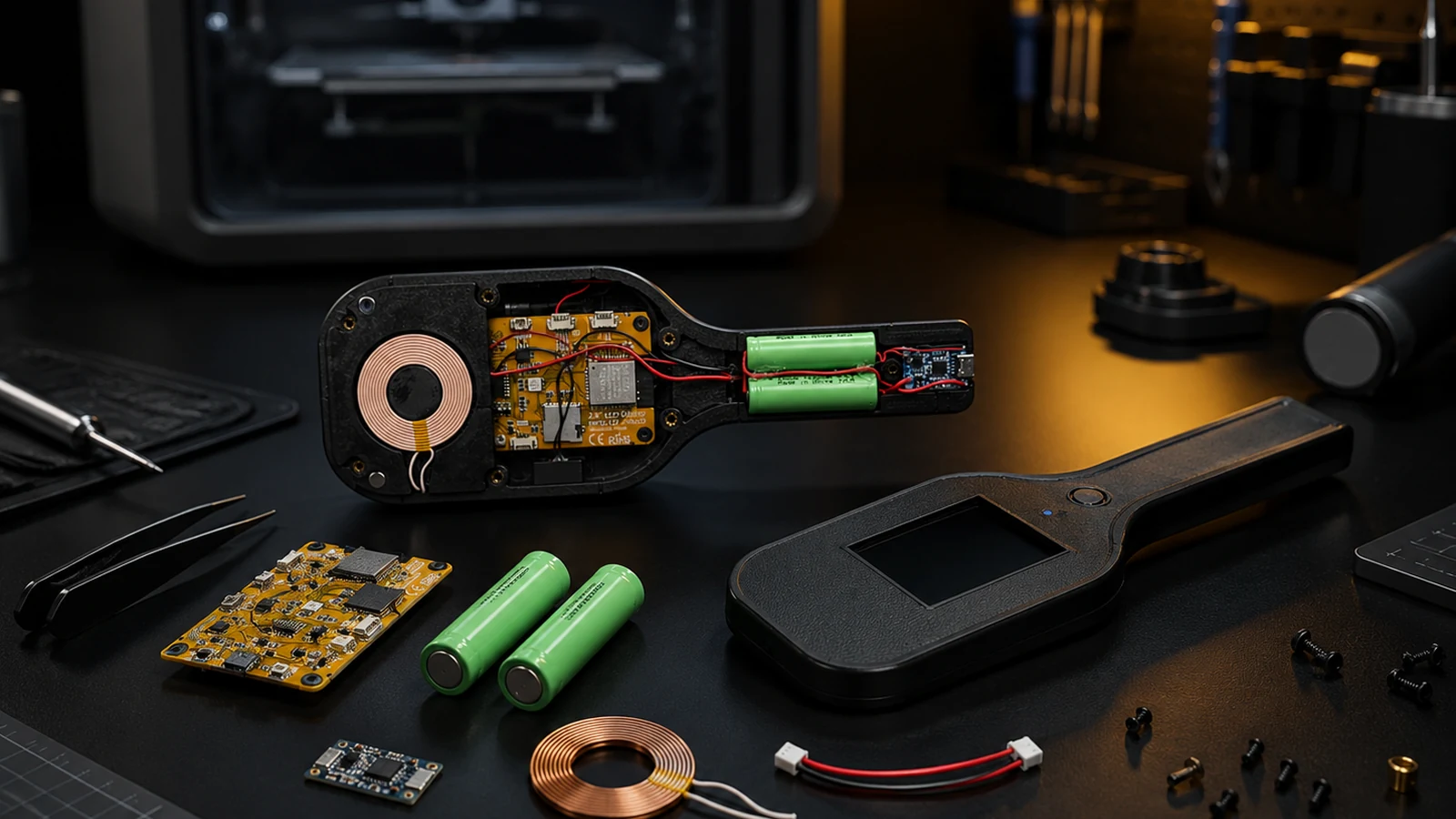 An assembly bench: a handheld device opened to show its board, batteries and charging coil, with the closed unit and small parts beside it