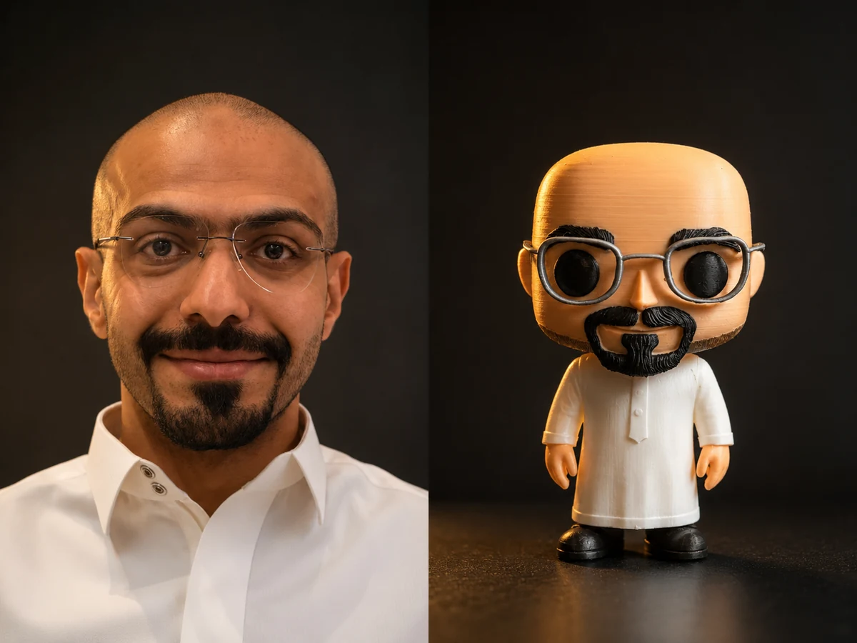 A portrait beside a Funko-style printed figure of the same person