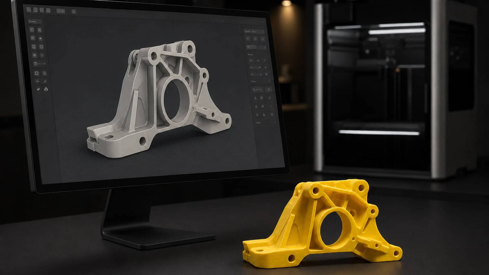 A design screen showing a mechanical bracket model, with the same part printed in yellow in front of it and a printer behind
