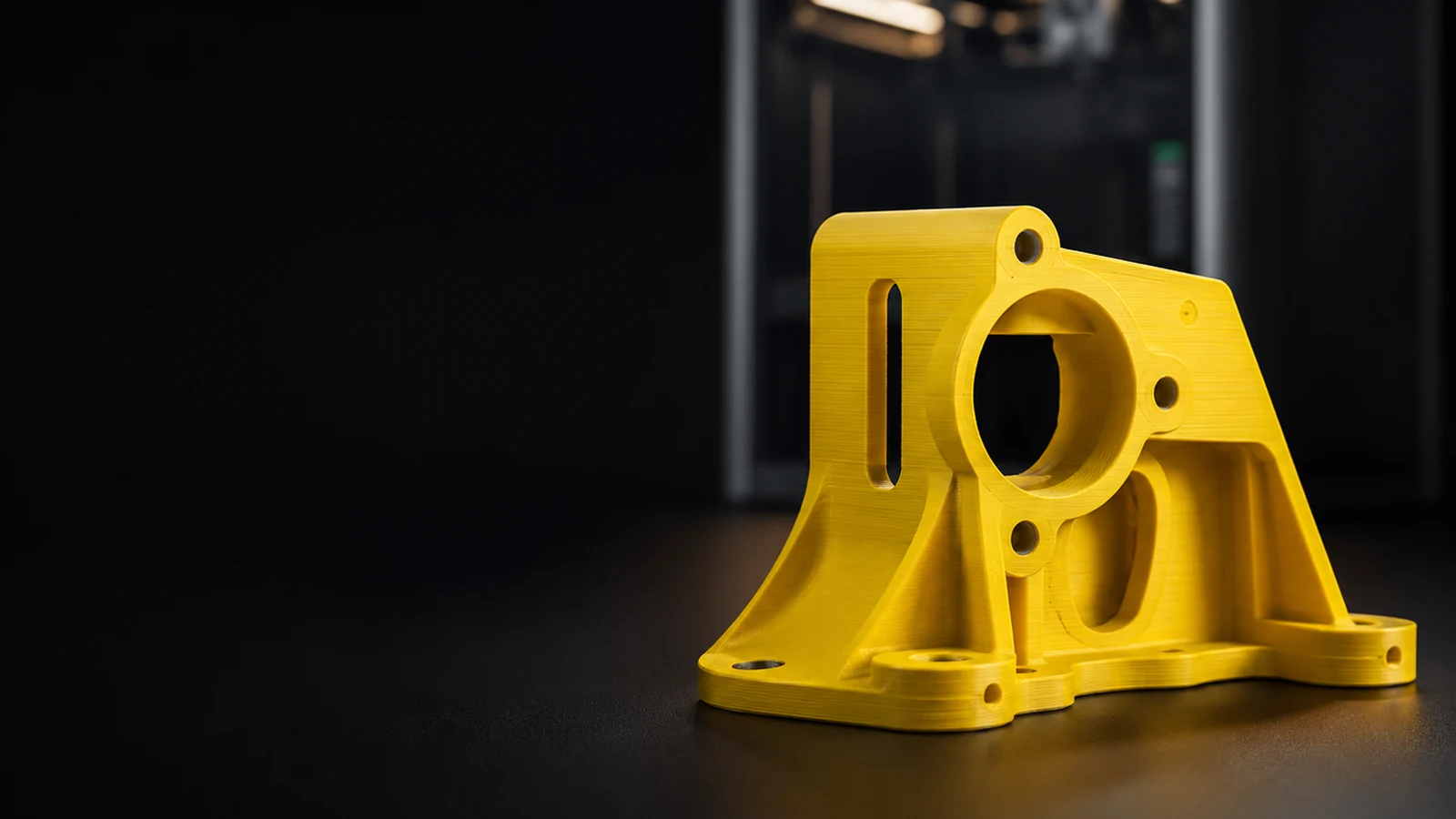 A yellow printed mechanical part on a dark surface, its layer lines visible