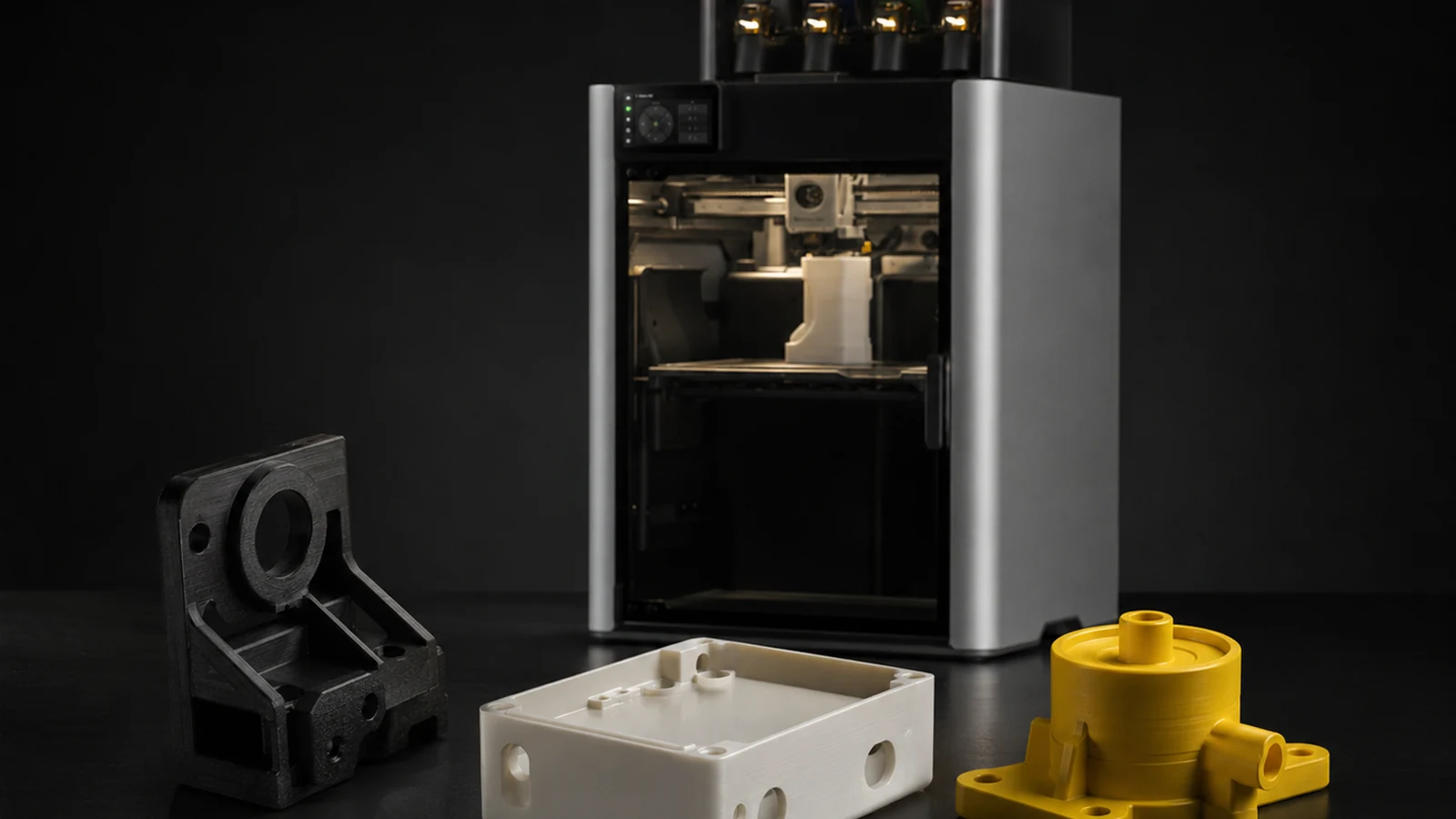 A 3D printer with three printed parts in front of it: a black bracket, a white enclosure and a yellow part